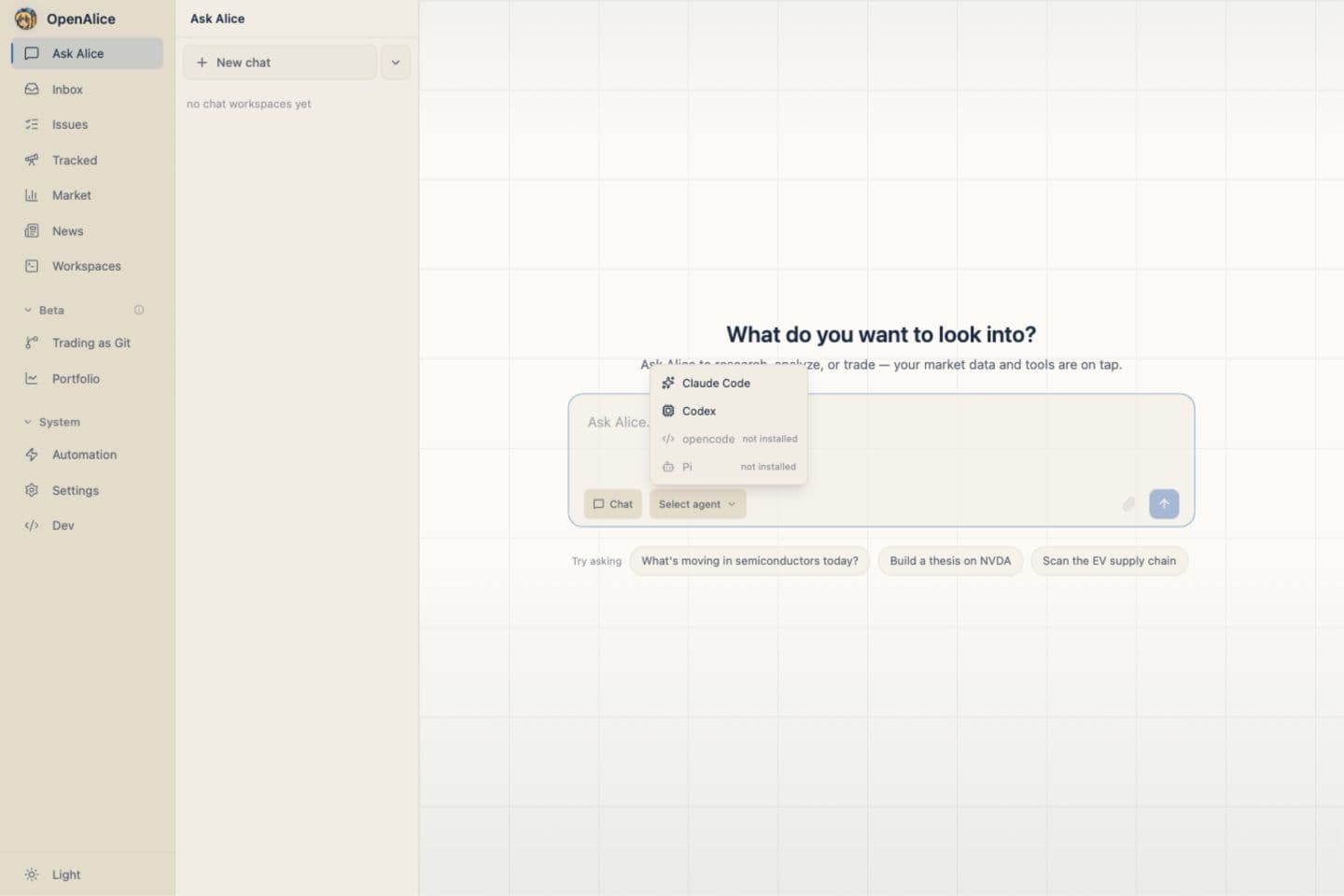 Agent picker in the Docker image showing Claude Code and Codex available
