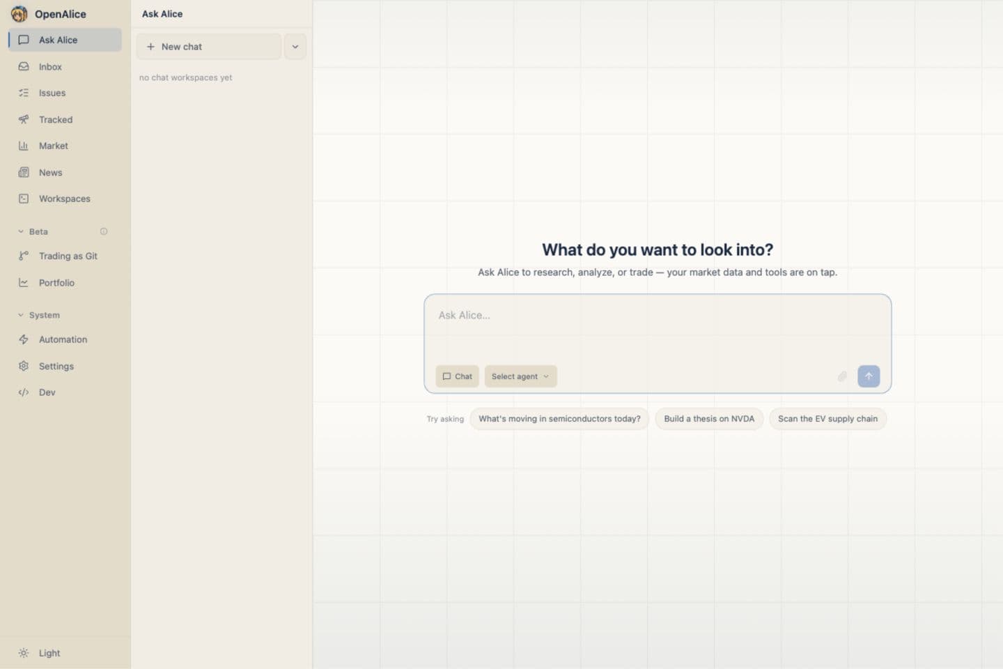OpenAlice Ask Alice composer, the main entry point into workspace-backed agent sessions