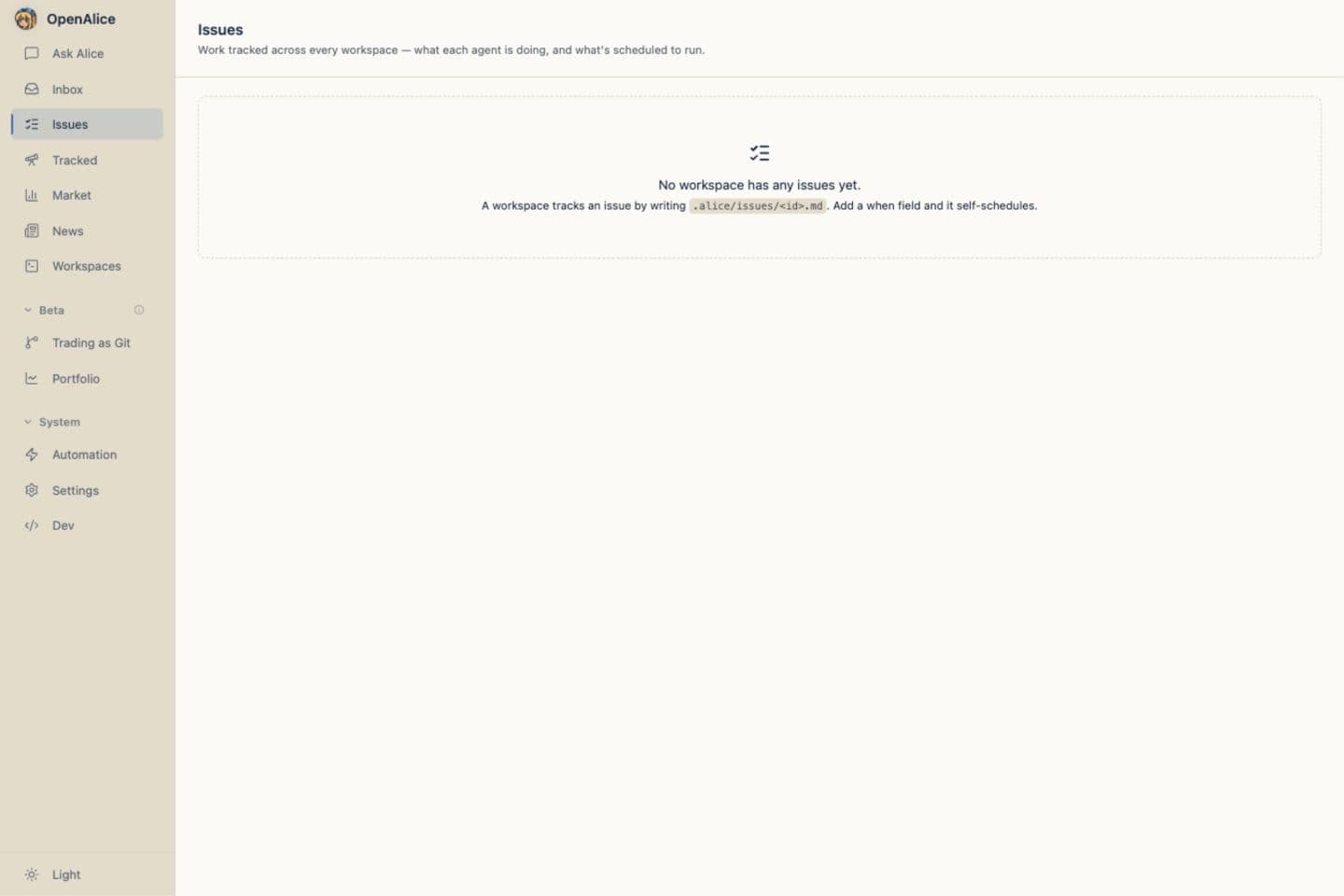 OpenAlice Issue Board, the global surface for workspace-owned markdown issues