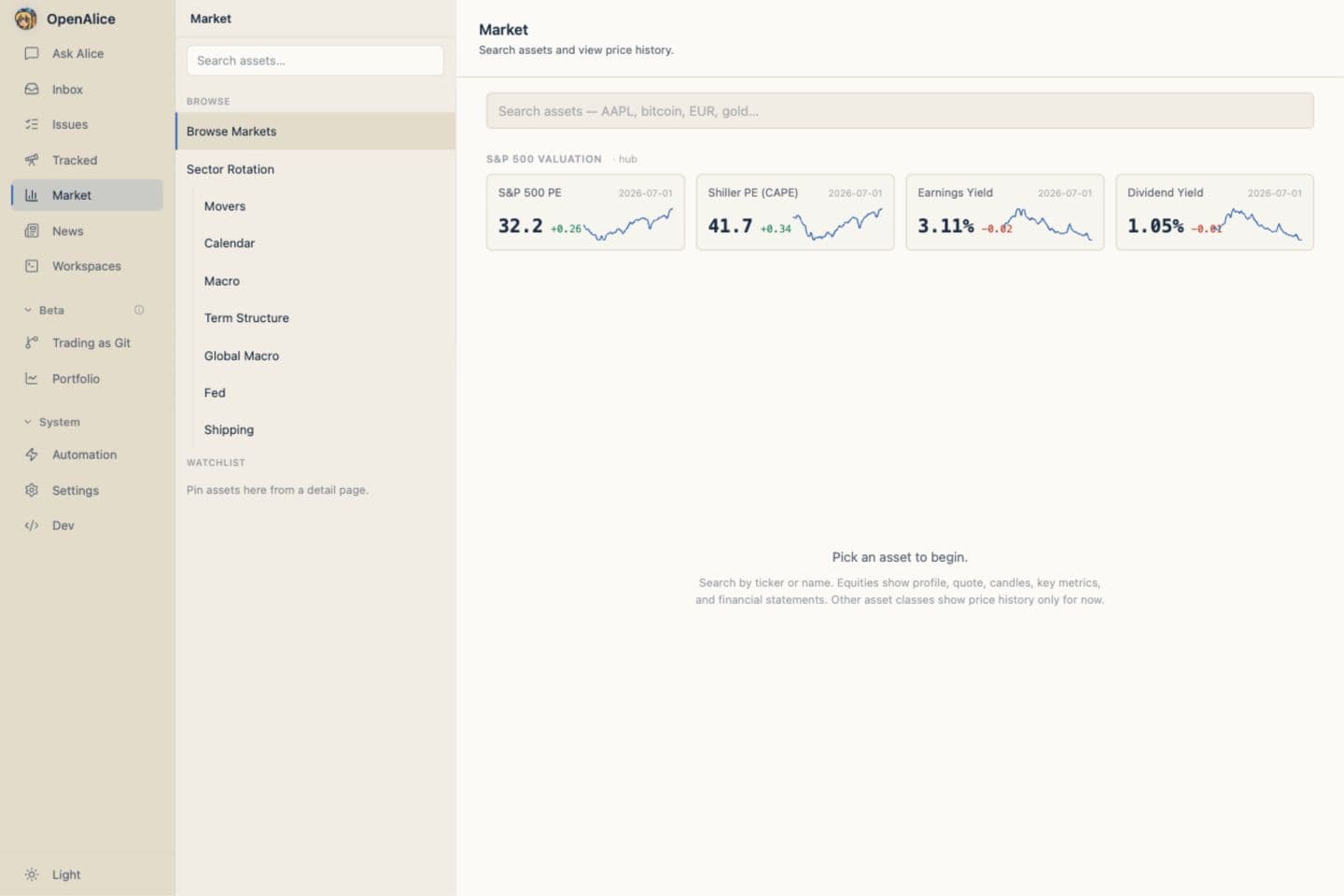 OpenAlice Market page showing Hub-backed reference boards and valuation cards