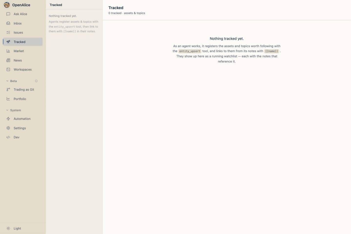 OpenAlice Tracked tab showing where assets and topics accumulate
