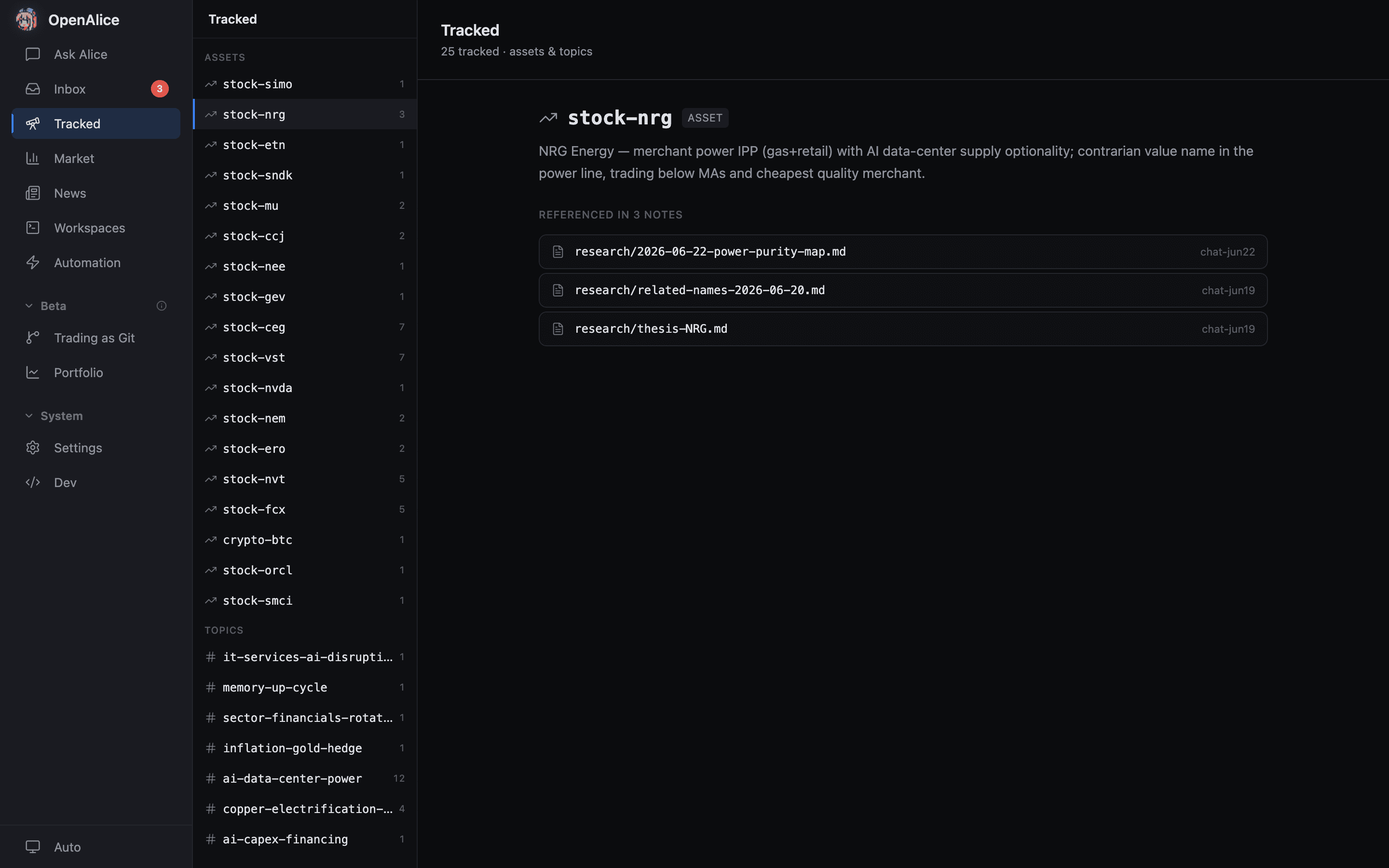 OpenAlice tracked entities and reports in a workspace