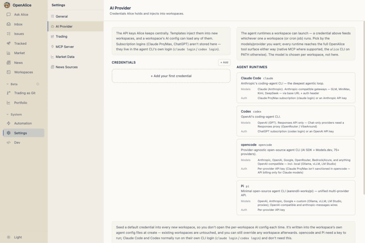 OpenAlice AI Provider settings with the credential vault and agent runtime catalog