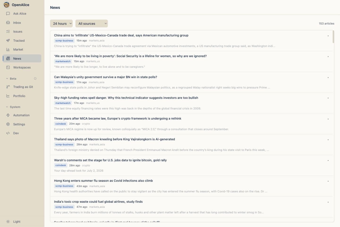 OpenAlice News page showing the local RSS archive and source filters