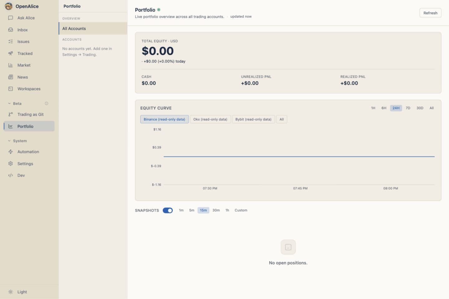OpenAlice Portfolio page with aggregate equity and account snapshot controls