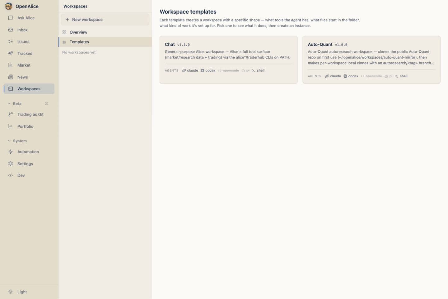 OpenAlice workspace template catalog showing the built-in Chat and Auto-Quant templates