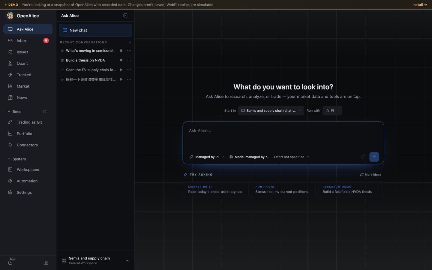 The OpenAlice public demo ready for a coding agent session
